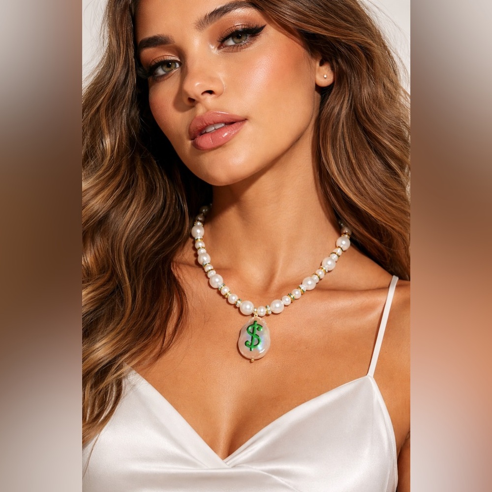 Martha Calvo Pay Up Pearl Necklace Dollar Sign Shell Pendant